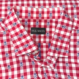 Paul Simon Mens Red White Gingham Skull Crossbones Long Sleeve Button Down Shirt